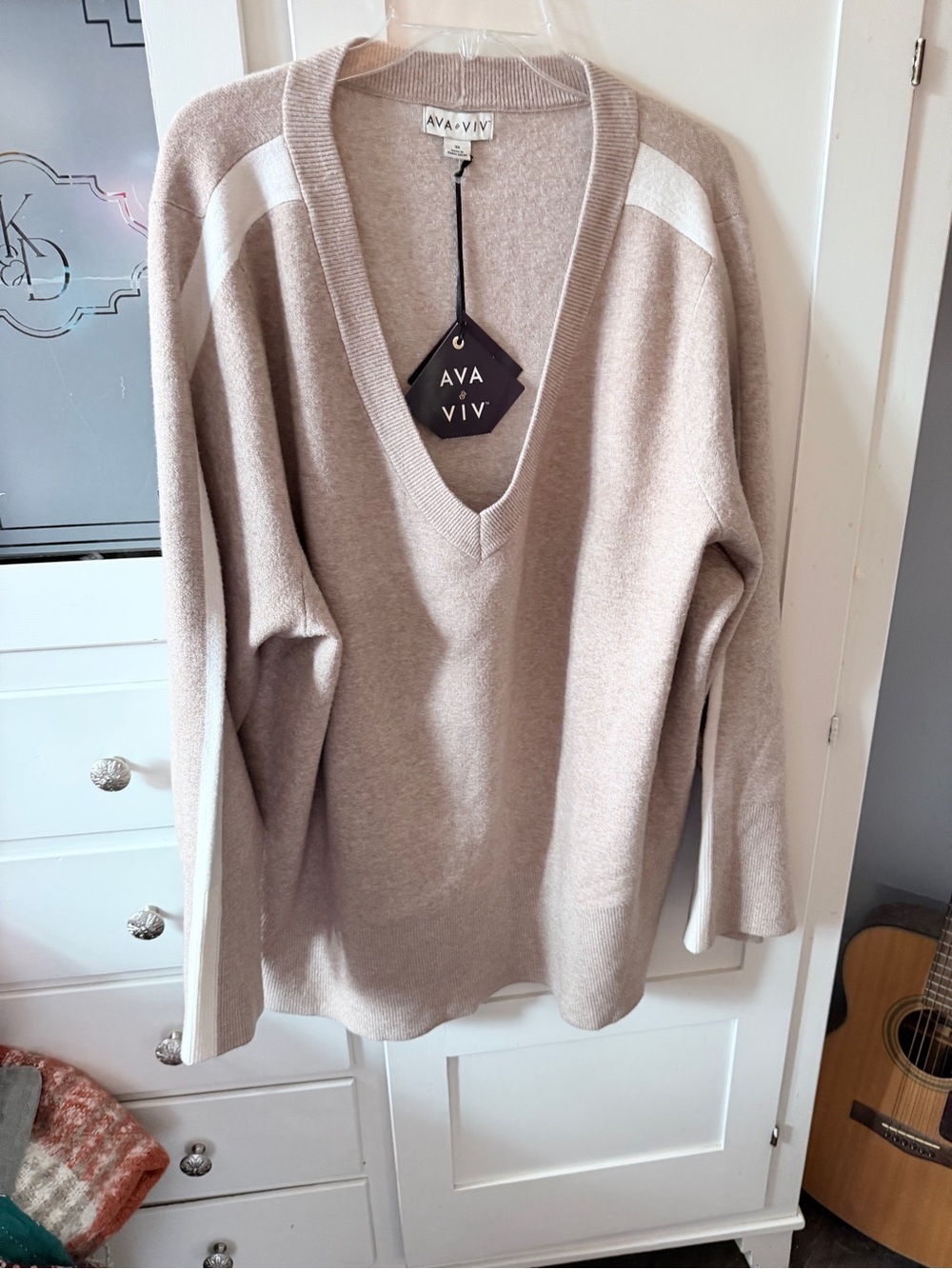 Ava & Viv Taupe V-Neck Sweater with White Shoulder Stripes and matching pants